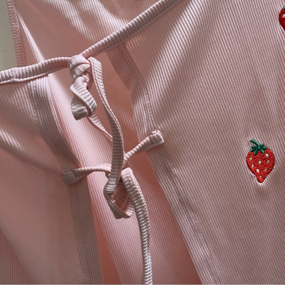 Baby Pink Strawberry Embroidered Cropped Self-Tie Cami NWOT - Picture 8 of 12
